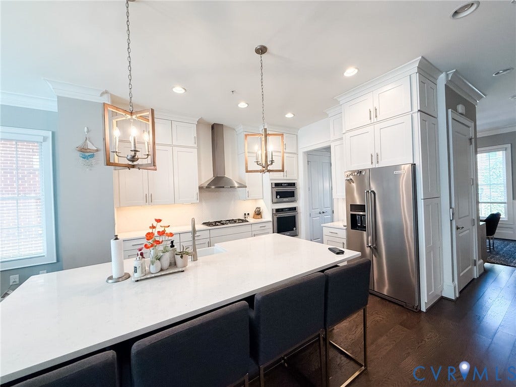 3332 Haydenpark Lane, Henrico, VA 23233 Kitchen featuring an oversized island with countertop seating, stainless steel appliances, white shaker cabinetry, recessed lighting, and wood-finish flooring