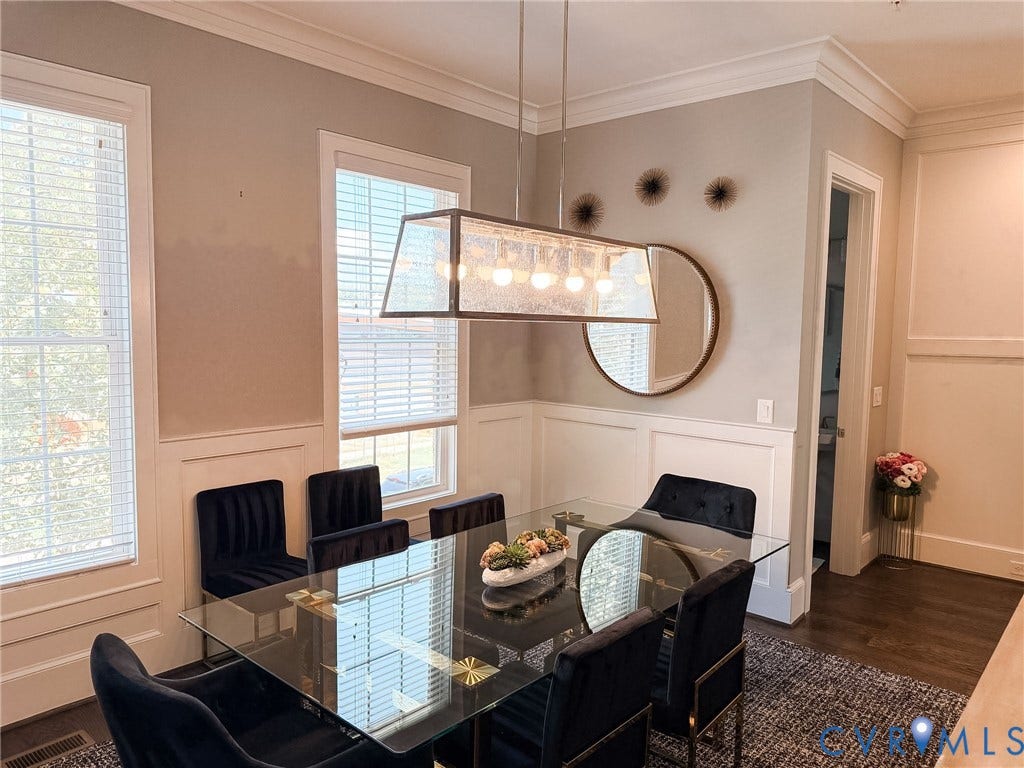 3332 Haydenpark Lane, Henrico, VA 23233 White wainscoting and crown molding accent the space
