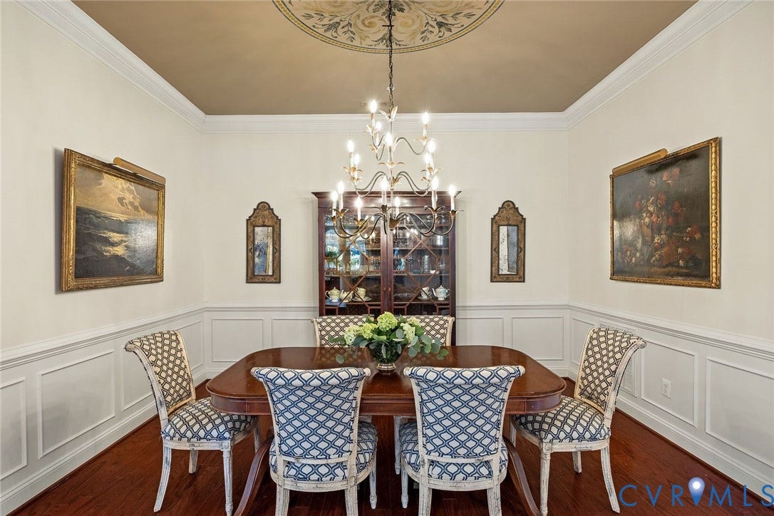 Formal Dining Room, Crown & Chair Moulding, Chandelier, Hardwood Floors, Chandelier.