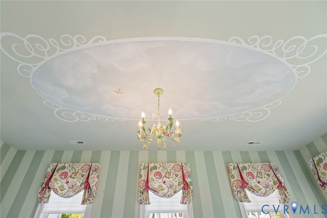Bedroom 3 with Custom Mural and Custom Drapes, Designer Chandelier.