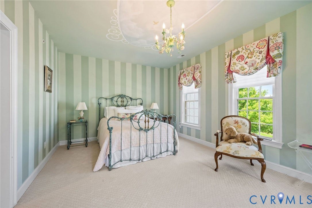 Bedroom 3 with Ensuite, Sitting Area, Office.  Designer Chandelier. Carpet