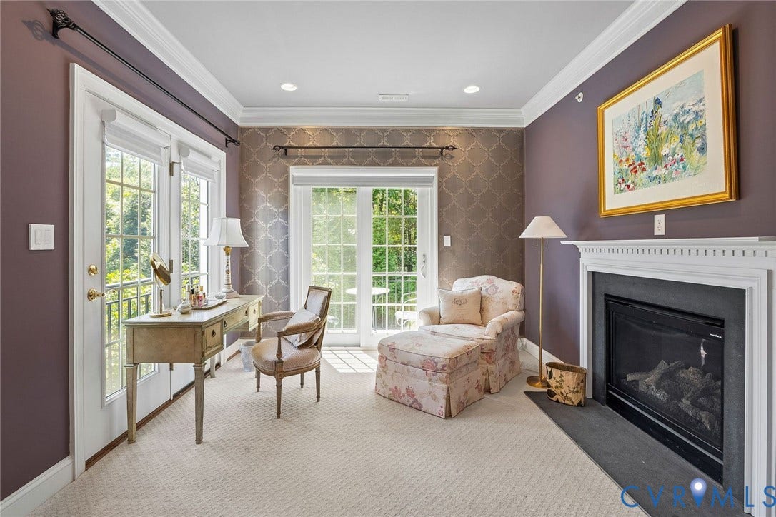 Primary Bedroom Sitting Area, Gas Fireplace, Balcony, Sliding Doors, French Doors. Carpet. Crown Moulding. Recessed Lighting.