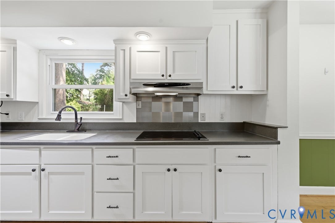 White cabinetry with dark hardware, undermount sink, black cooktop, stainless steel range hood, and tile backsplash