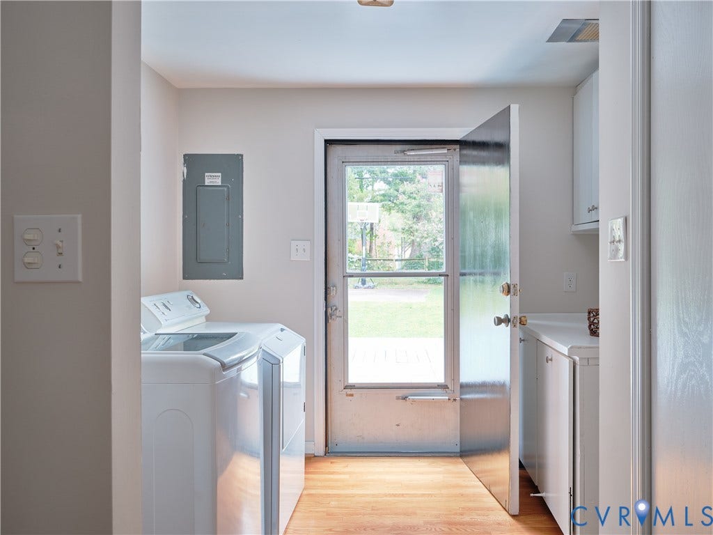 1311 Santa Rosa Road, Henrico, VA 23229 Laundry area with wood-finish flooring, white cabinetry, a built-in countertop, and a rear door with a screen