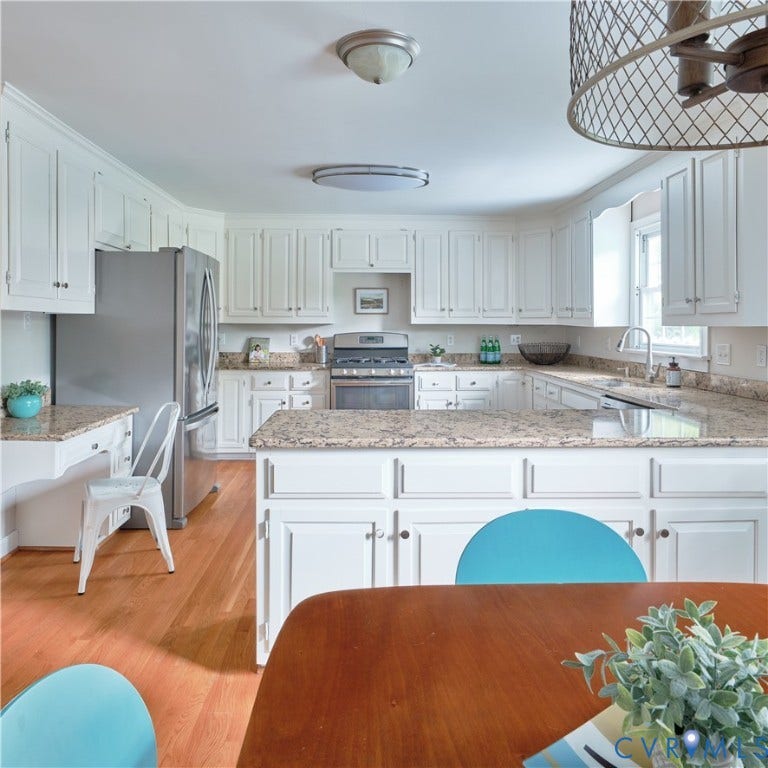 1311 Santa Rosa Road, Henrico, VA 23229 White cabinetry with dark hardware, stainless steel appliances, light-toned stone countertops, and wood-finish flooring