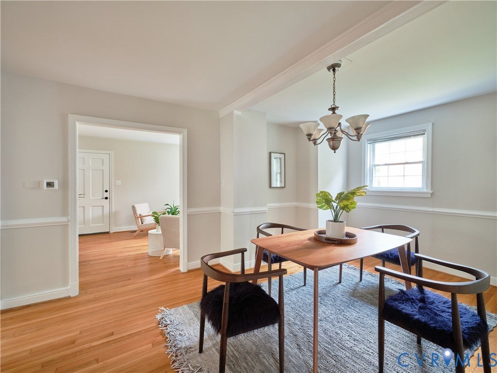 1311 Santa Rosa Road, Henrico, VA 23229 Hardwood flooring, crown molding, chair rail molding, recessed lighting, and a multi-light chandelier