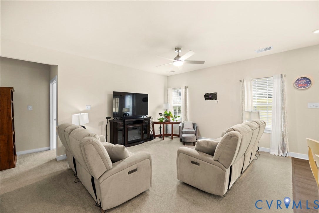 11319 Vulcan Lane, Bermuda, Chester, VA 23831 Recessed lighting, ceiling fan, multiple windows with blinds, and carpet flooring