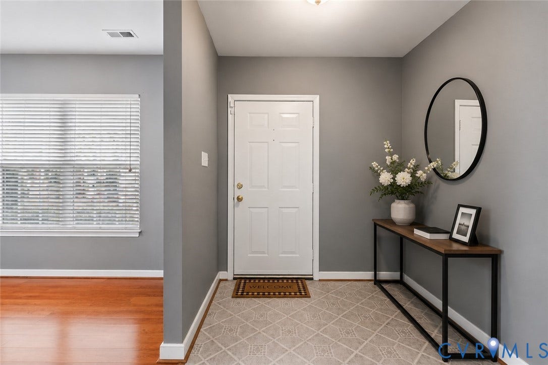 2723 Goyne Terrace, Chester, VA 23831 Entryway featuring a paneled door, patterned tile flooring, and a flush-mount light fixture