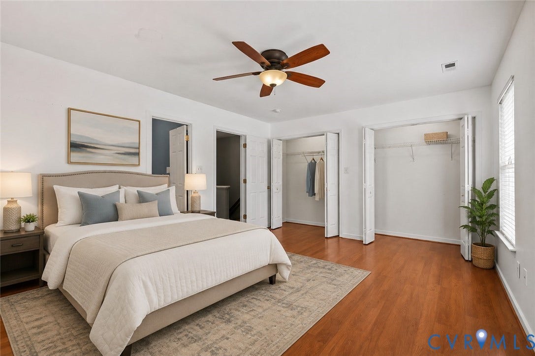 2723 Goyne Terrace, Chester, VA 23831 Hardwood-finish flooring, ceiling fan with integrated lighting, two bi-fold door closets with wire shelving, and two windows with blinds