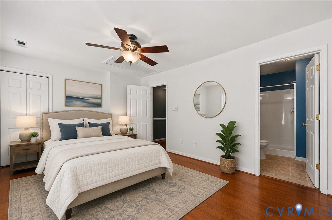 2723 Goyne Terrace, Chester, VA 23831 Wood-finish flooring, ceiling fan with integrated lighting, paneled doors, and a tiled bathroom with a shower