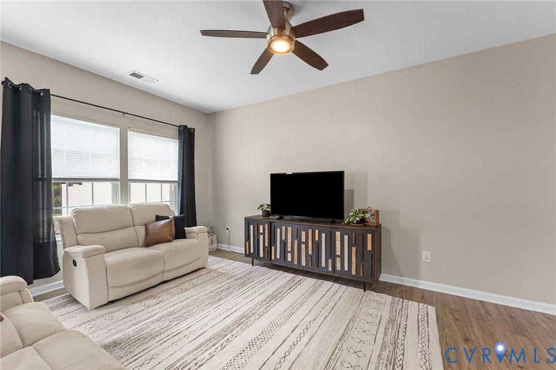 5112 Weatherby Drive, Chester, VA 23831 Vaulted ceiling with a ceiling fan, dual windows with blinds, wood-finish flooring, and a decorative media console