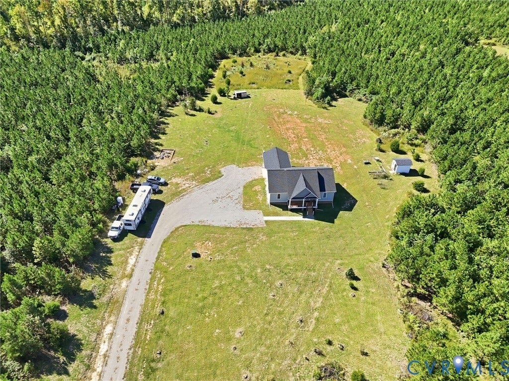Expansive wooded lot with a detached shed and a gravel driveway