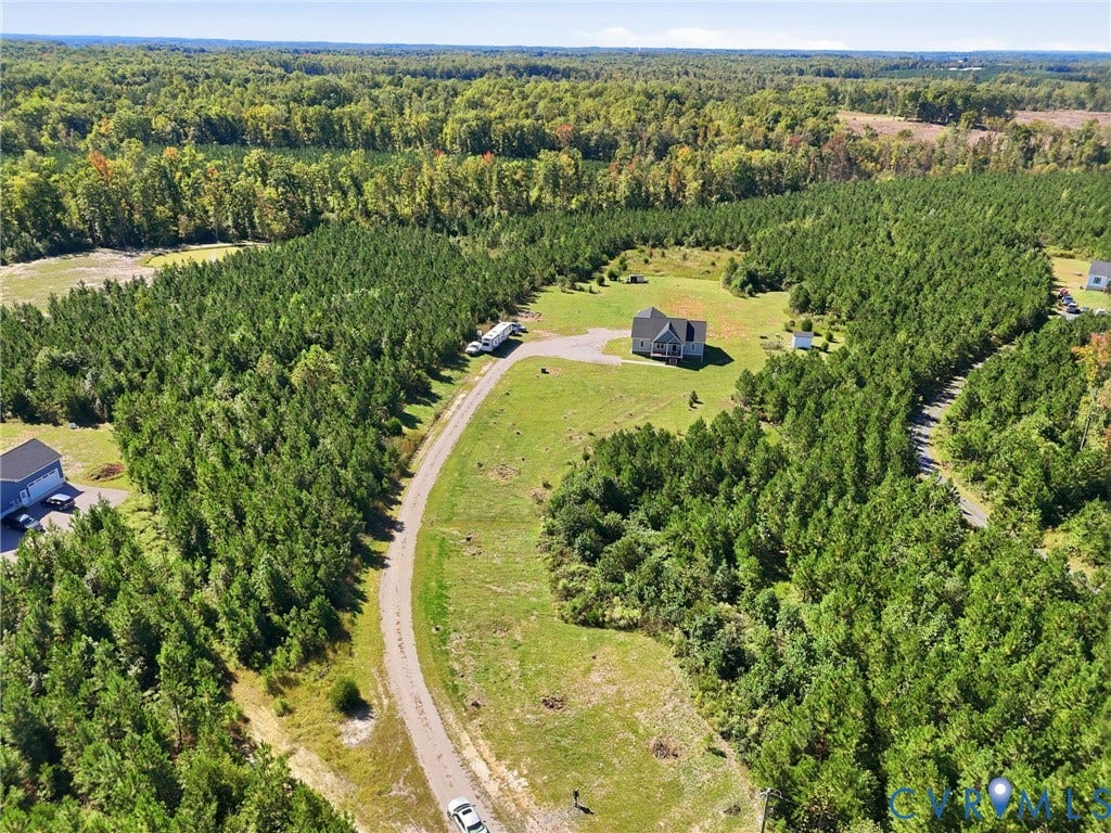 Expansive treed acreage with a private drive, featuring a single-family residence with a light-colored exterior and a dark roof, surrounded by green clearings