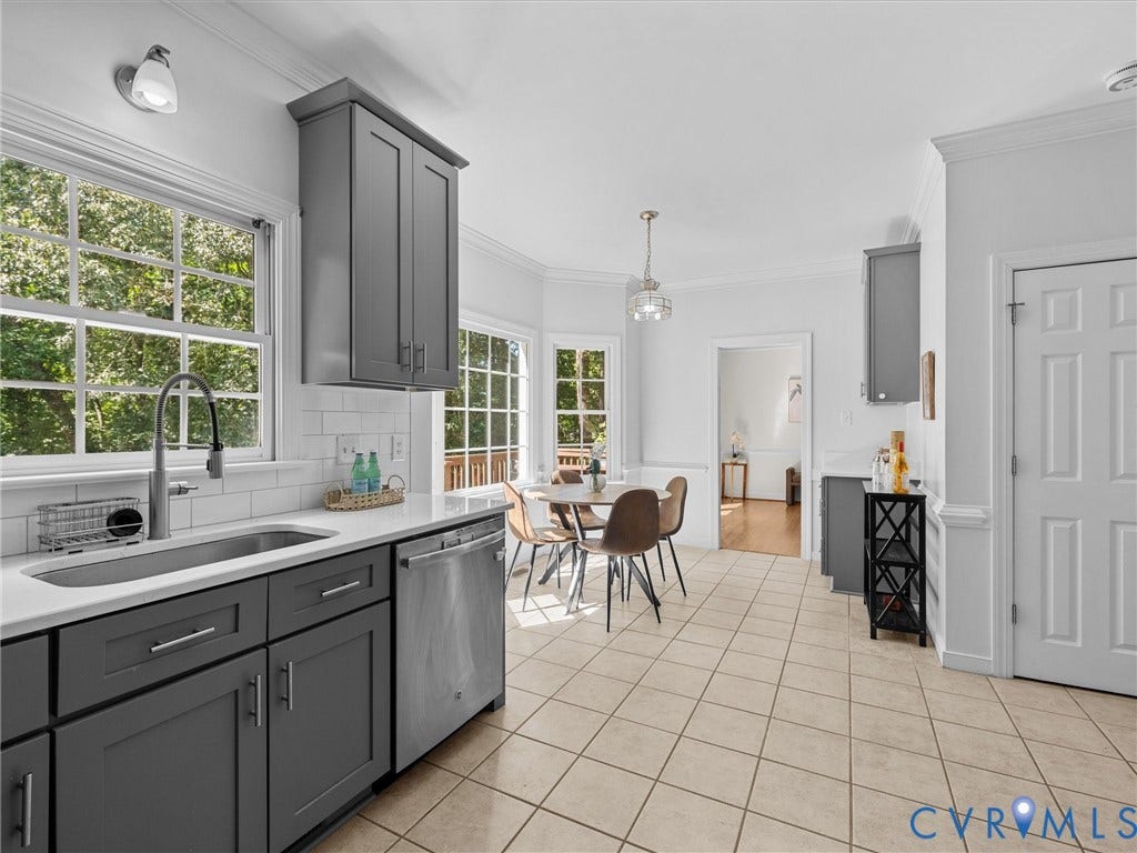 12000 Glen Kilchurn Drive, Chesterfield, VA 23838 Kitchen featuring gray shaker-style cabinetry, stainless steel sink, subway tile backsplash, and light-toned tile flooring