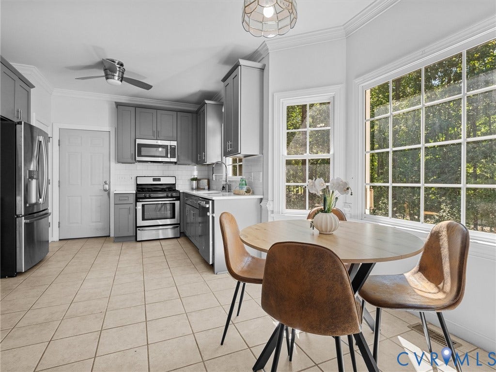 12000 Glen Kilchurn Drive, Chesterfield, VA 23838 Kitchen featuring gray cabinetry, stainless steel appliances, tile flooring, and a large bay window