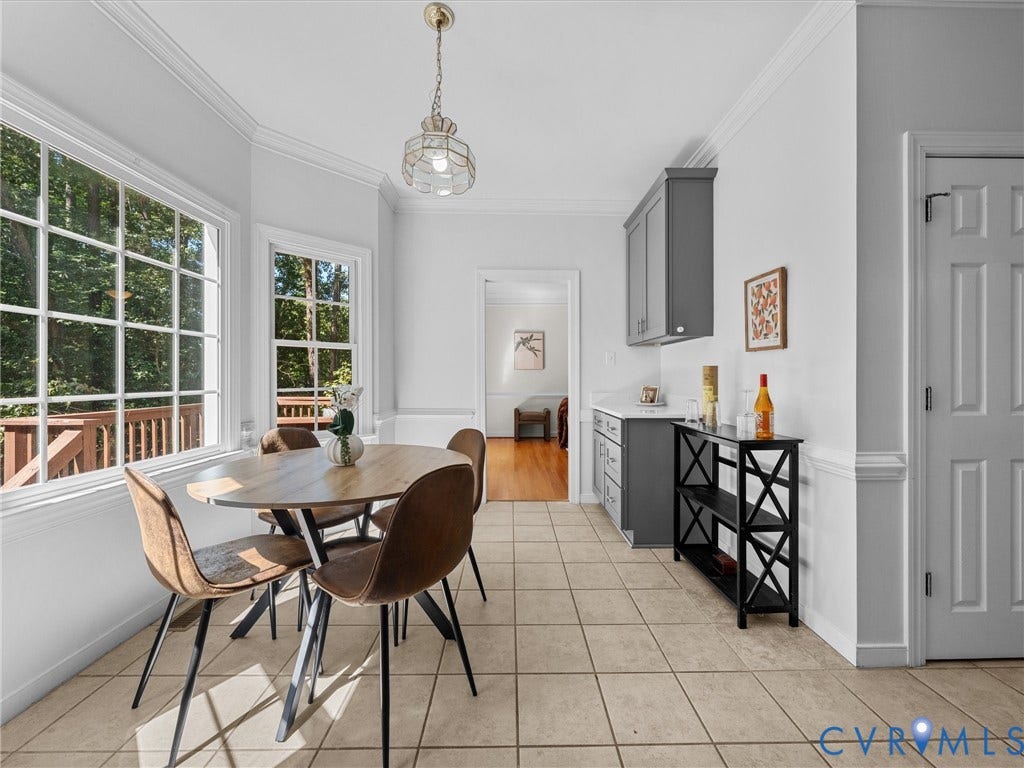 12000 Glen Kilchurn Drive, Chesterfield, VA 23838 Bay window with grid pattern, tiled flooring, built-in cabinetry with white countertop, crown molding, and recessed lighting
