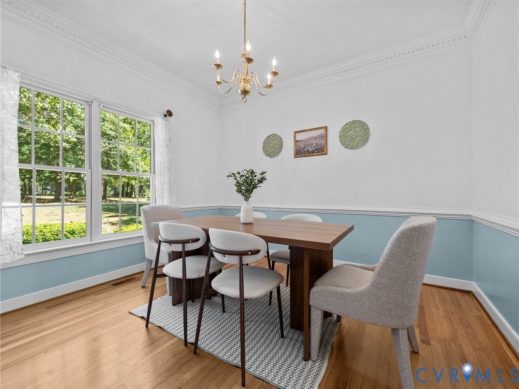 12000 Glen Kilchurn Drive, Chesterfield, VA 23838 Hardwood flooring throughout, large windows, decorative crown molding, and a chandelier lighting fixture