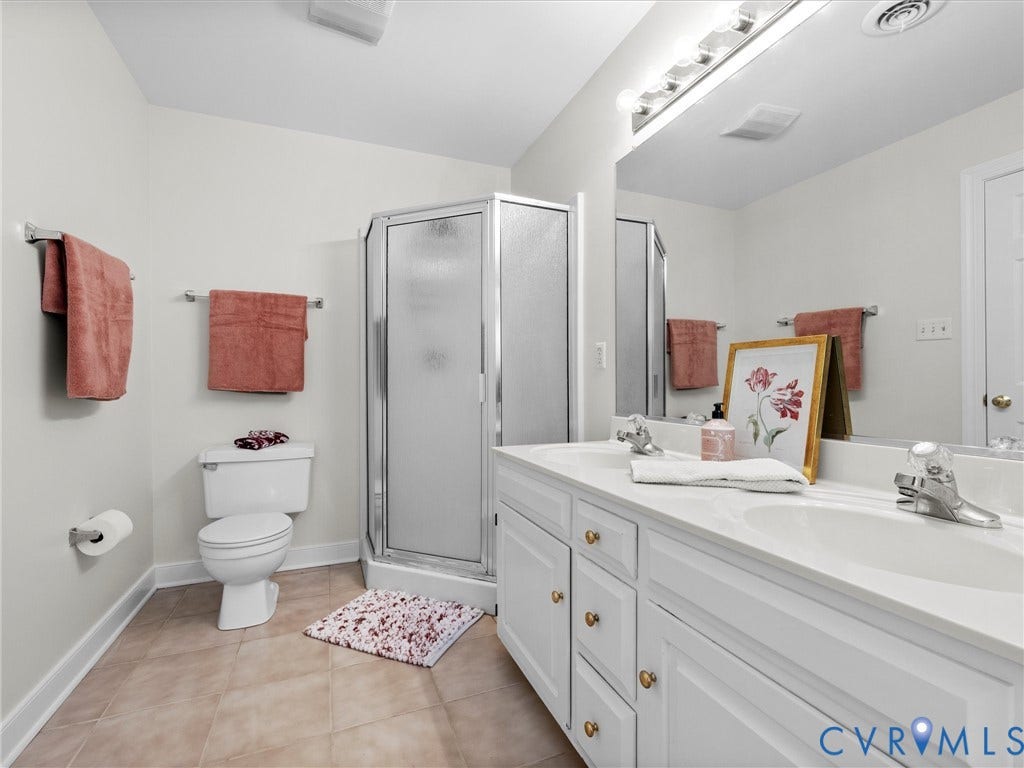 12000 Glen Kilchurn Drive, Chesterfield, VA 23838 White dual vanity with integrated sinks, chrome faucets, and brass-finish hardware