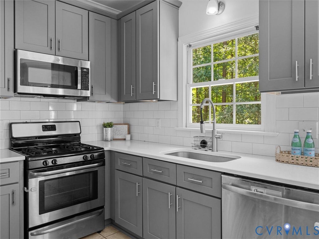 12000 Glen Kilchurn Drive, Chesterfield, VA 23838 Stainless steel appliances, grey shaker-style cabinetry, white subway tile backsplash, white countertops, and a stainless steel sink