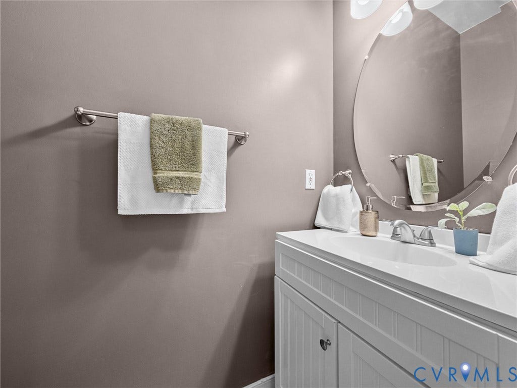 12000 Glen Kilchurn Drive, Chesterfield, VA 23838 White vanity with beadboard paneling, integrated sink, and polished chrome faucet