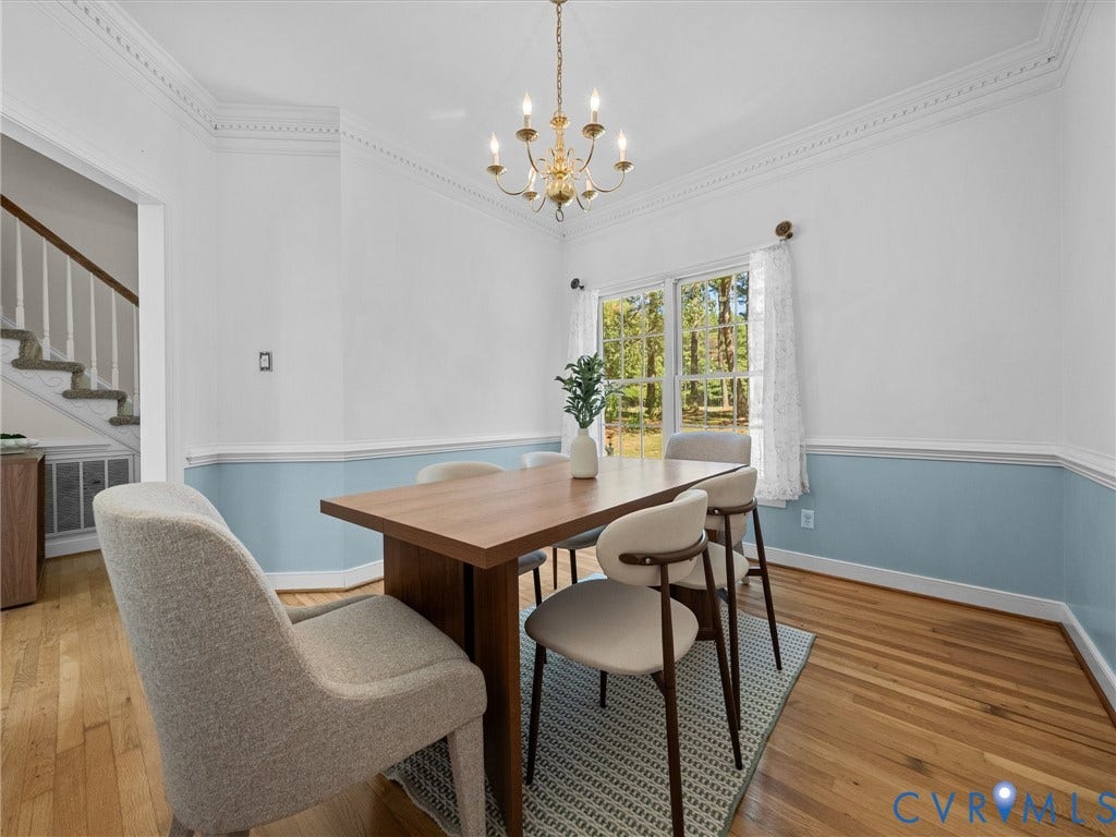 12000 Glen Kilchurn Drive, Chesterfield, VA 23838 Hardwood flooring, decorative crown molding, and a chandelier illuminate the space
