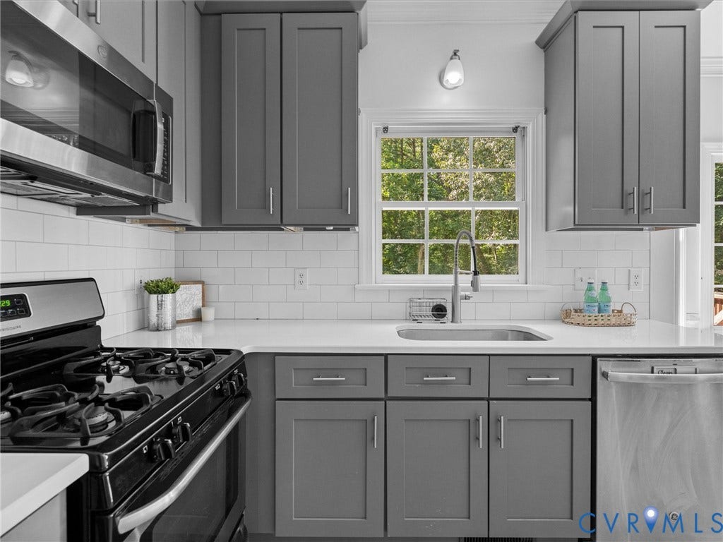 12000 Glen Kilchurn Drive, Chesterfield, VA 23838 Kitchen featuring gray shaker-style cabinetry, stainless steel appliances, a subway tile backsplash, white countertops, and a stainless steel sink with a gooseneck faucet