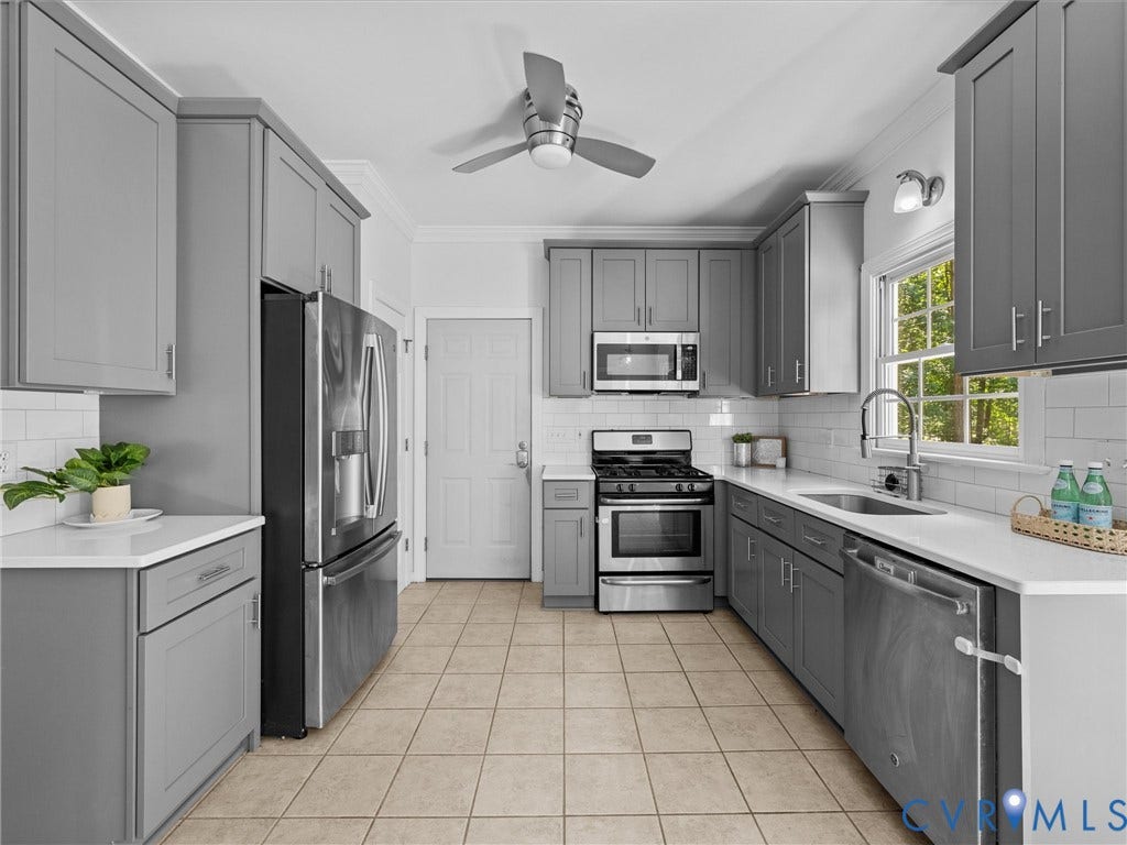 12000 Glen Kilchurn Drive, Chesterfield, VA 23838 Kitchen featuring gray cabinetry, stainless steel appliances, a subway tile backsplash, white countertops, and tile flooring
