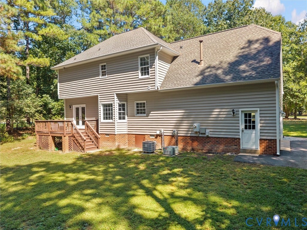 12000 Glen Kilchurn Drive, Chesterfield, VA 23838 Exterior featuring beige siding, a shingled roof, a wooden deck with stairs, double glass doors, and a side entry door