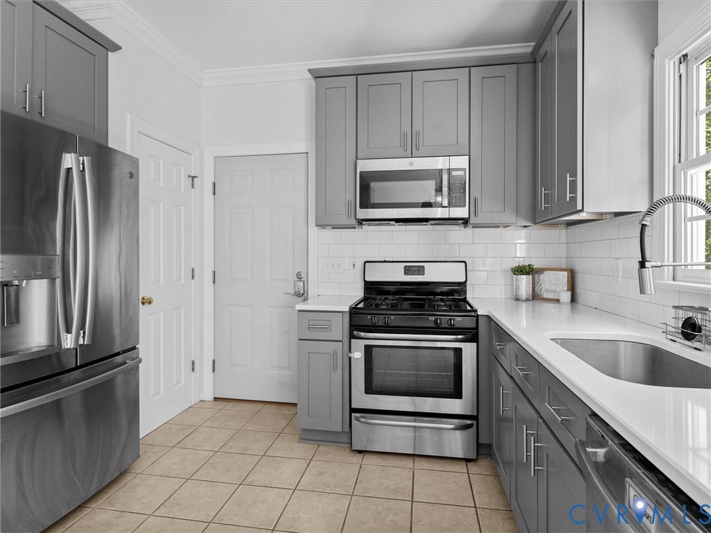 12000 Glen Kilchurn Drive, Chesterfield, VA 23838 Gray shaker-style cabinetry, white subway tile backsplash, stainless steel appliances, and solid surface countertops