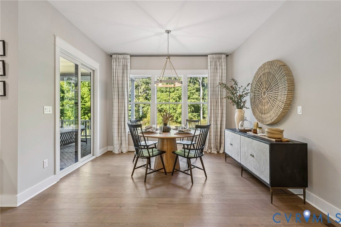 Lot 5 Olivet Church Road, Olivet Church Estates, New Kent, VA 23124 Hardwood flooring, sliding glass door, round drum chandelier, three large windows, and a built-in sideboard cabinet