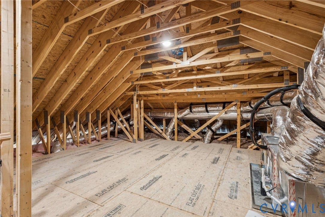 Lot 5 Olivet Church Road, Olivet Church Estates, New Kent, VA 23124 Exposed wooden rafters with metal bracing, partially finished attic space, insulated ductwork, and overhead lighting