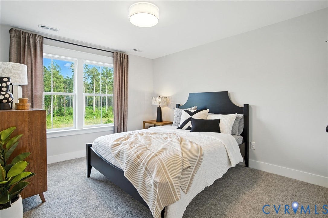 Lot 1 Needlewood Court, Olivet Church Estates, New Kent, VA 23124 Light gray wall paint, flush mount ceiling fixture, large double windows, gray carpeting, and white trim