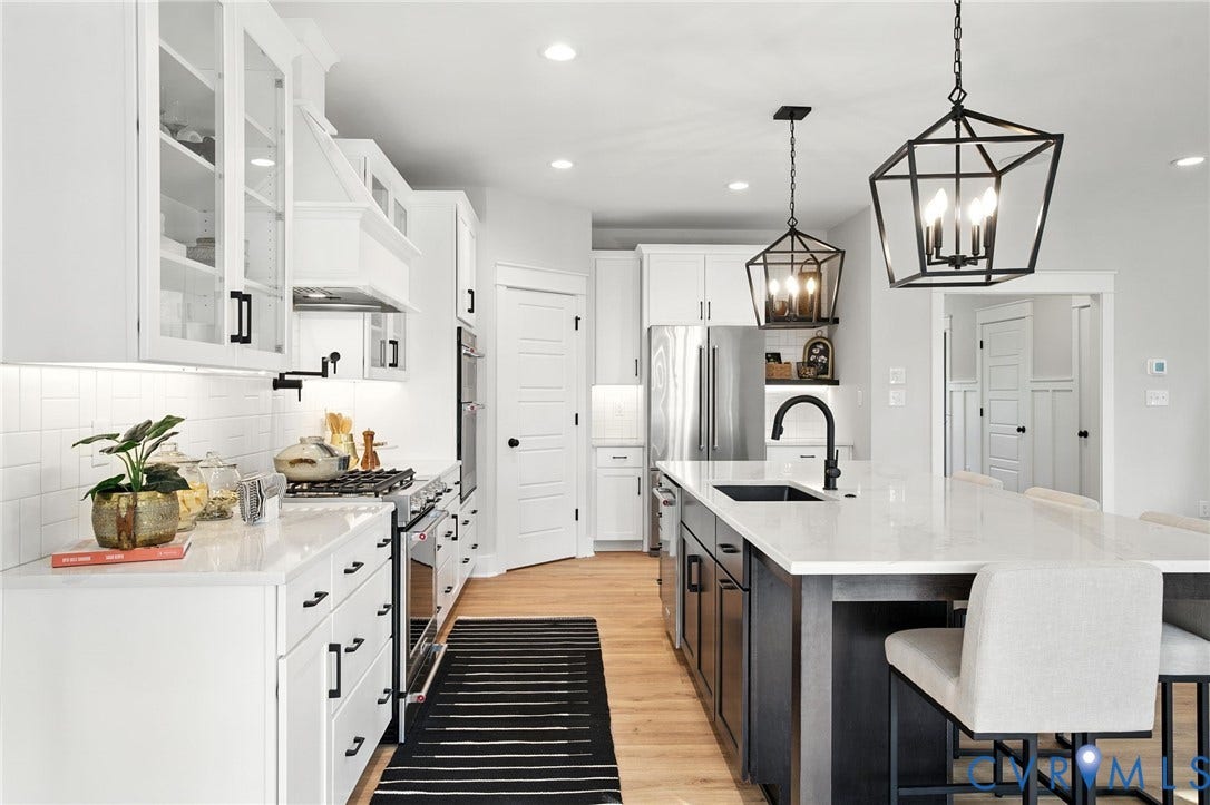 Lot 1 Needlewood Court, Olivet Church Estates, New Kent, VA 23124 Gourmet kitchen featuring a center island with sink, white shaker cabinetry, stainless steel appliances, and wood-finish flooring