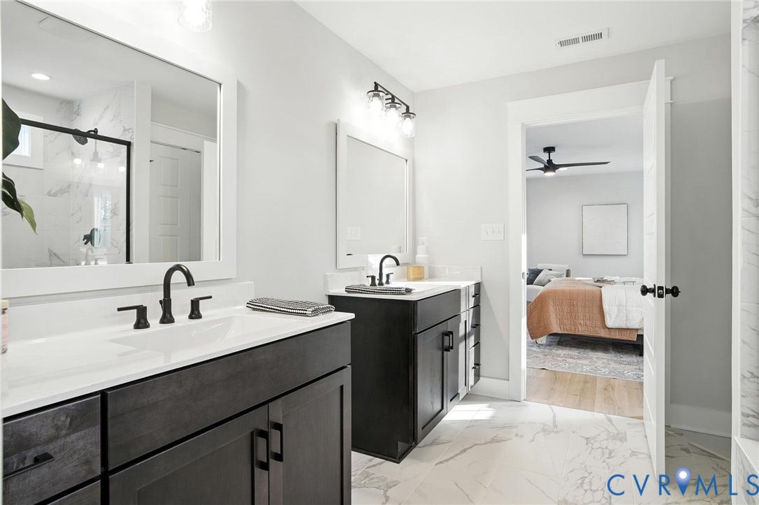Lot 1 Needlewood Court, Olivet Church Estates, New Kent, VA 23124 Dual vanities with white countertops, matte black plumbing fixtures, and dark wood-finish cabinetry