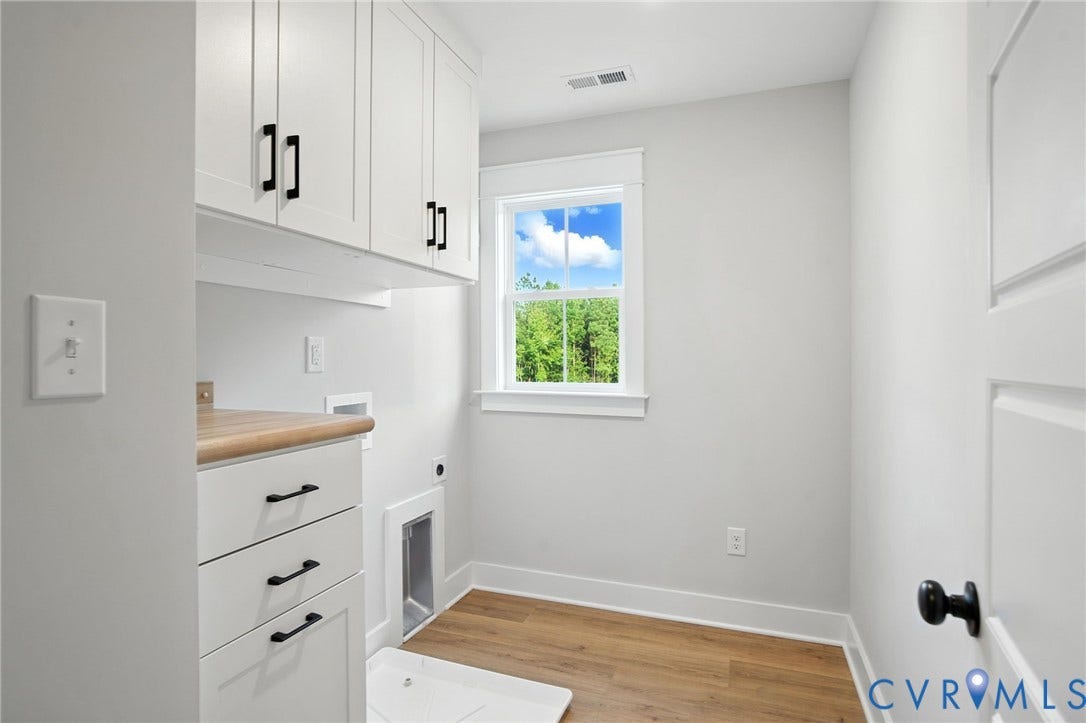 Lot 1 Needlewood Court, Olivet Church Estates, New Kent, VA 23124 White shaker cabinetry with black hardware, wood-finish flooring, wood countertop, single window, and white interior door