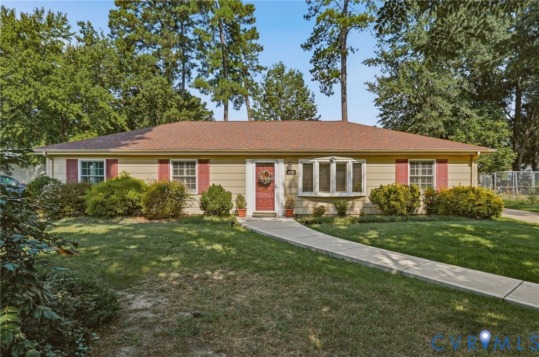 4810 Conduit Road, Colonial Heights, VA 23834 Ranch-style exterior with a light-colored facade and a red roof
