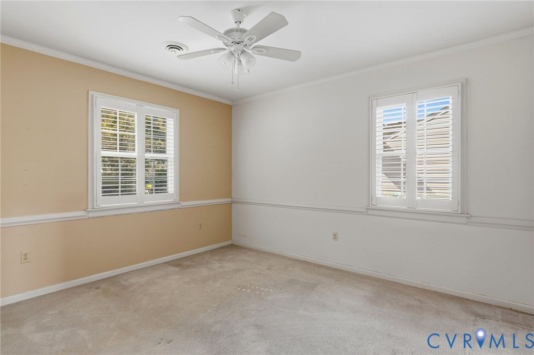4810 Conduit Road, Colonial Heights, VA 23834 Carpeted flooring, two windows with plantation shutters, ceiling fan, and crown molding