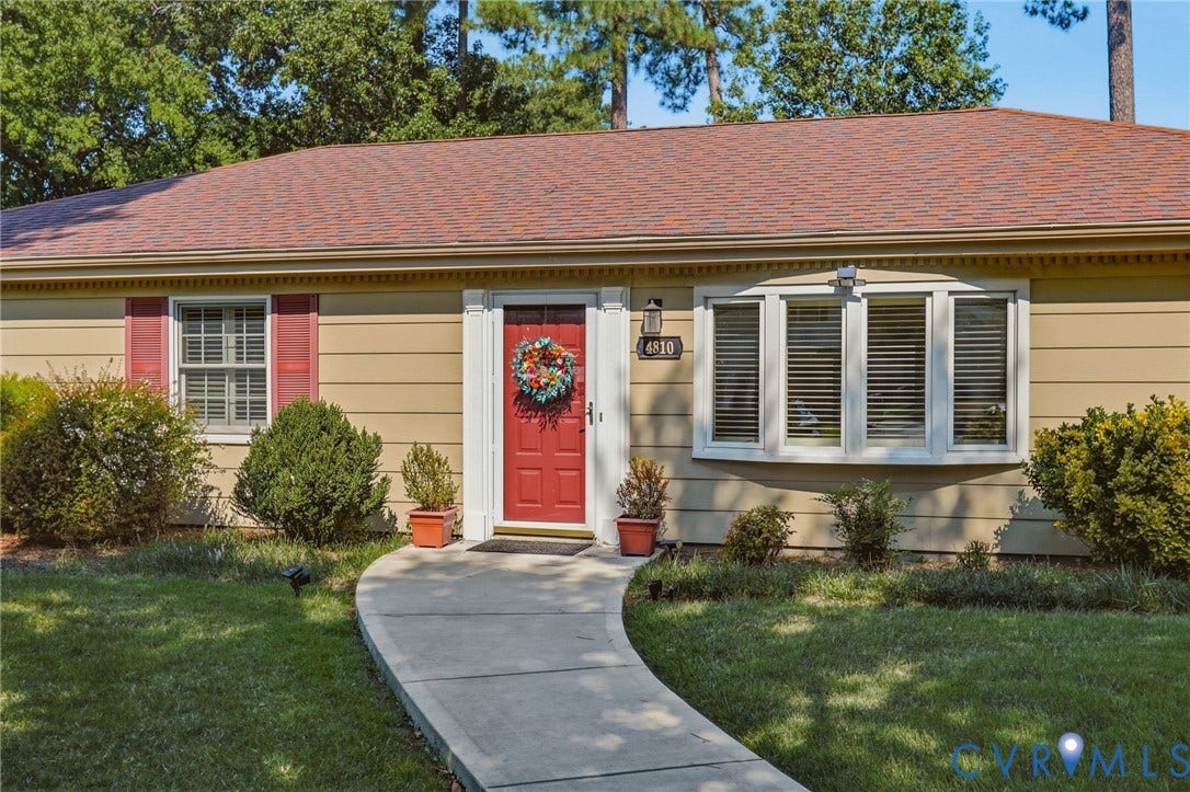 4810 Conduit Road, Colonial Heights, VA 23834 Exterior featuring tan siding, a red entry door, a bay window with blinds, and a concrete pathway