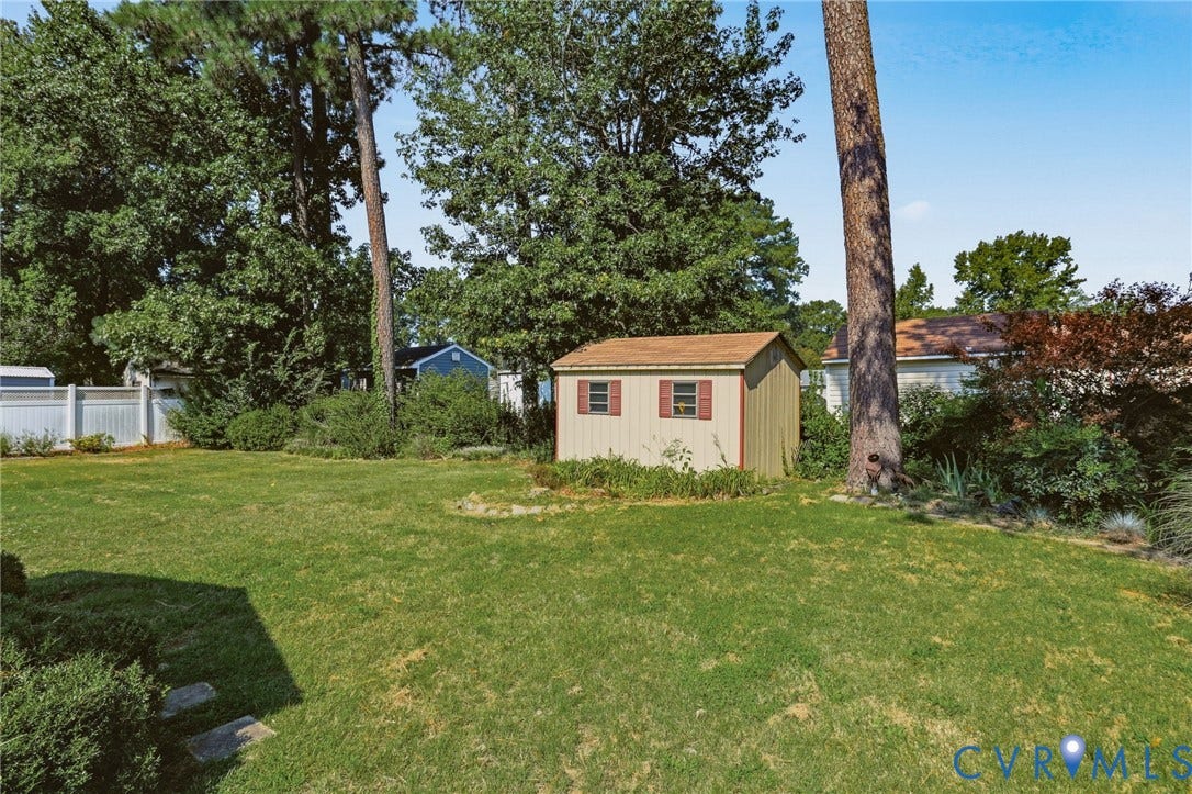 4810 Conduit Road, Colonial Heights, VA 23834 Expansive lawn with mature trees and a detached shed featuring a shingled roof