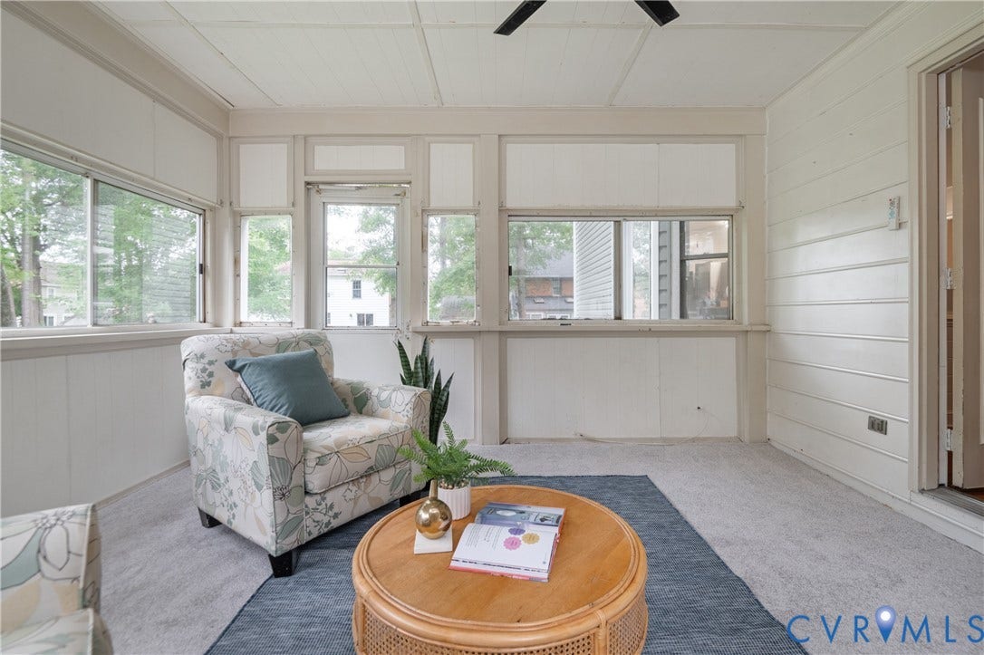 4525 Old Mesa Drive, North Chesterfield, VA 23237 Enclosed porch with multiple windows, paneled walls, and a ceiling fan