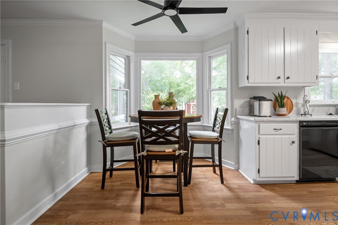 4525 Old Mesa Drive, North Chesterfield, VA 23237 Hardwood-finish flooring, white beadboard cabinetry, solid surface countertops, a bay window, and a ceiling fan
