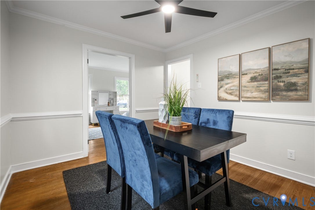 4525 Old Mesa Drive, North Chesterfield, VA 23237 Hardwood flooring, crown molding, chair rail, and a ceiling fan with integrated lighting