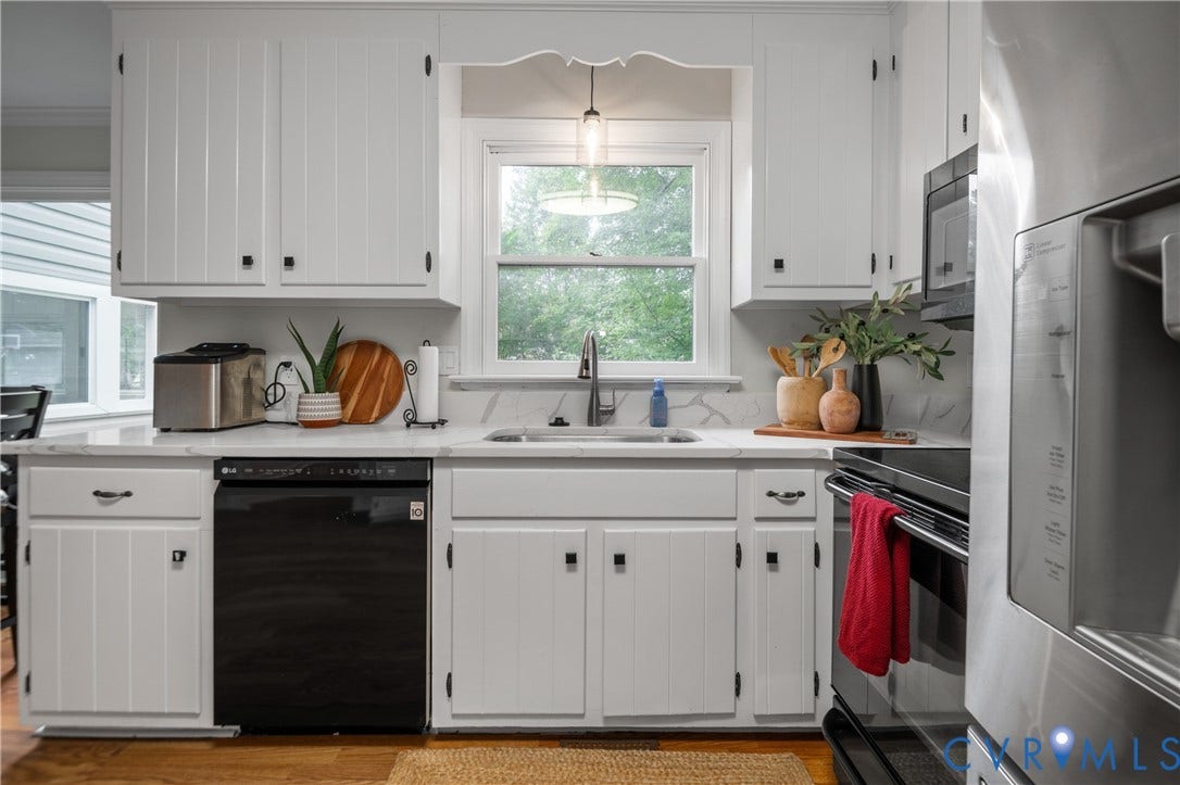 4525 Old Mesa Drive, North Chesterfield, VA 23237 White cabinetry with black hardware, white countertops, stainless steel refrigerator, black dishwasher, and black range