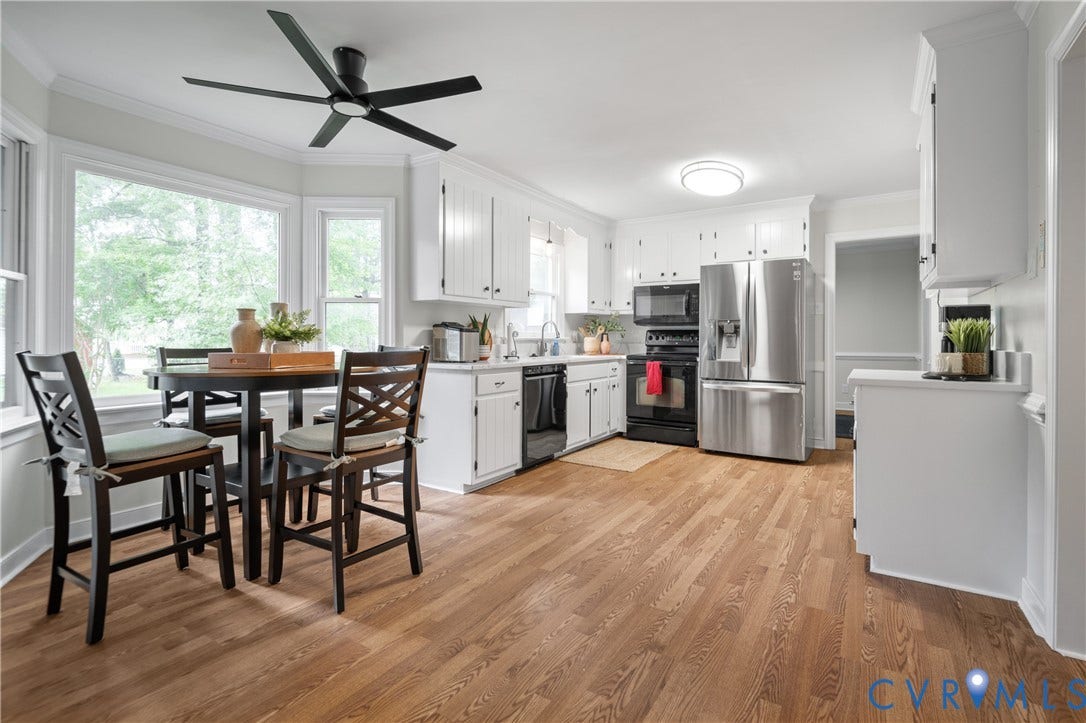 4525 Old Mesa Drive, North Chesterfield, VA 23237 Kitchen with wood-finish flooring, white cabinetry, stainless steel appliances, and a bay window