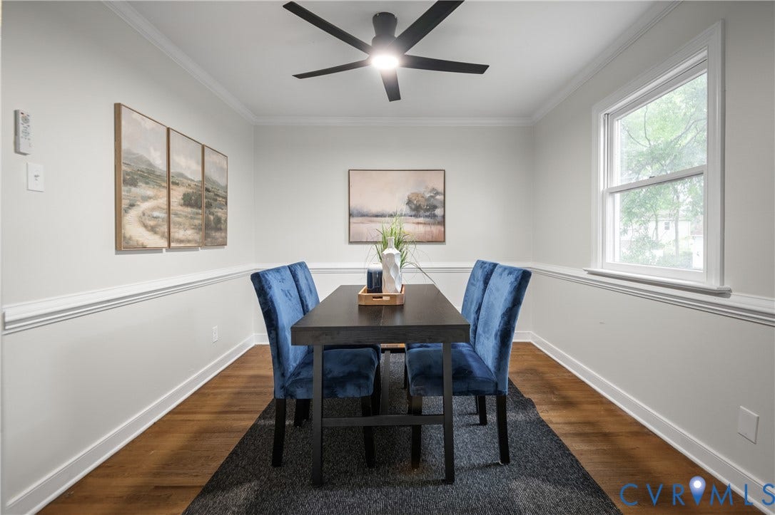 4525 Old Mesa Drive, North Chesterfield, VA 23237 Hardwood flooring, crown molding, chair rail molding, ceiling fan, and a single window