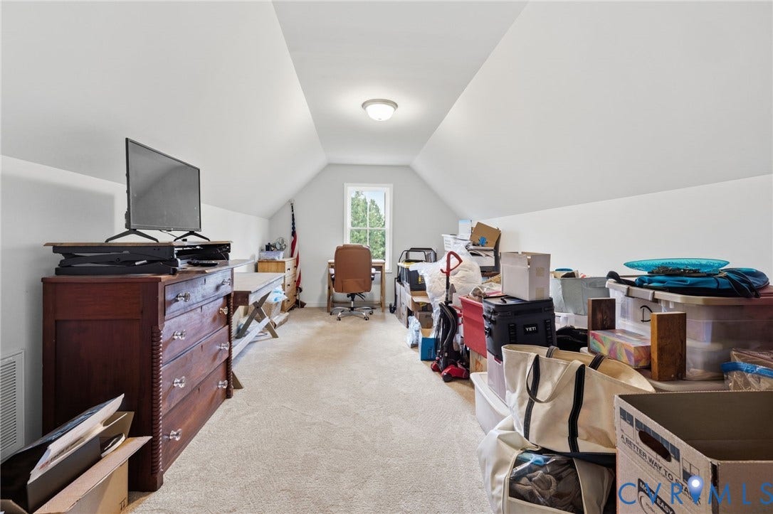 2927 Poorhouse Road, 522 Corridor, Goochland, VA 23063 Carpeted flooring, vaulted ceiling, recessed lighting, and a window providing natural illumination, Closet