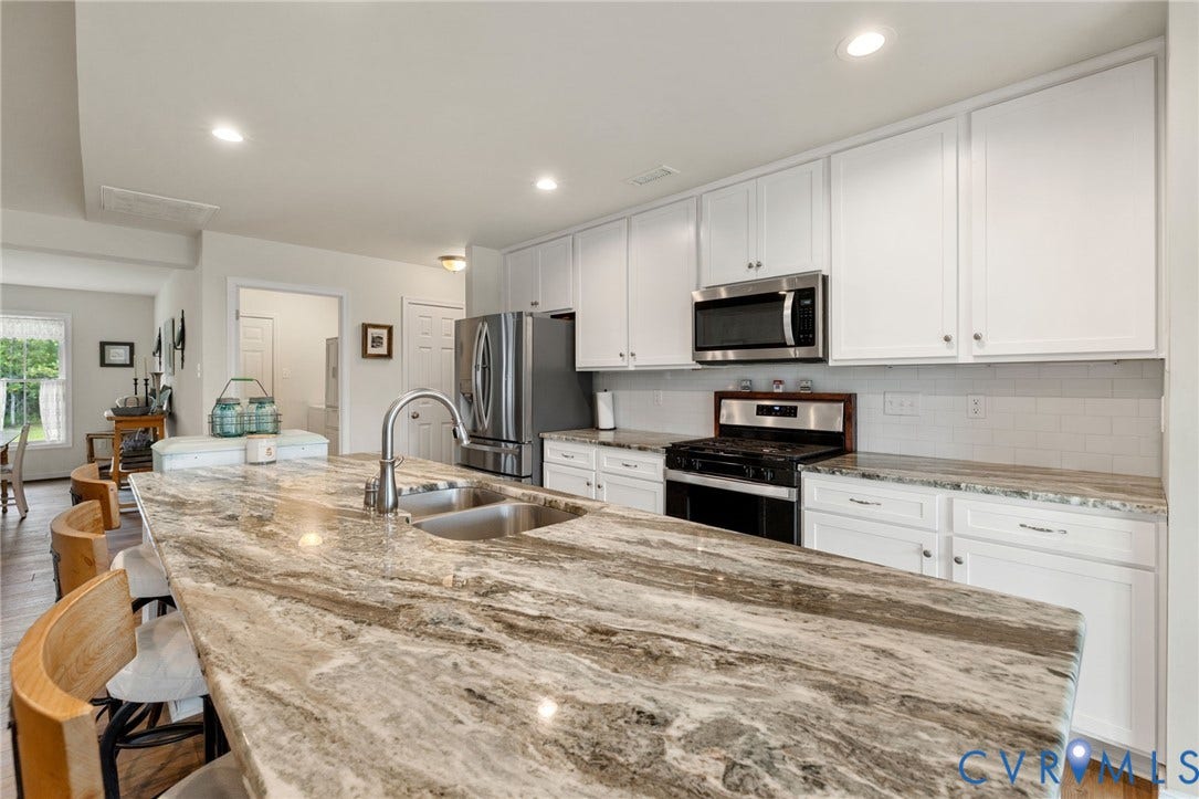 2927 Poorhouse Road, 522 Corridor, Goochland, VA 23063 Kitchen featuring an expansive island with an undermount double basin sink, white cabinetry, stainless steel appliances, a subway tile backsplash, and recessed lighting