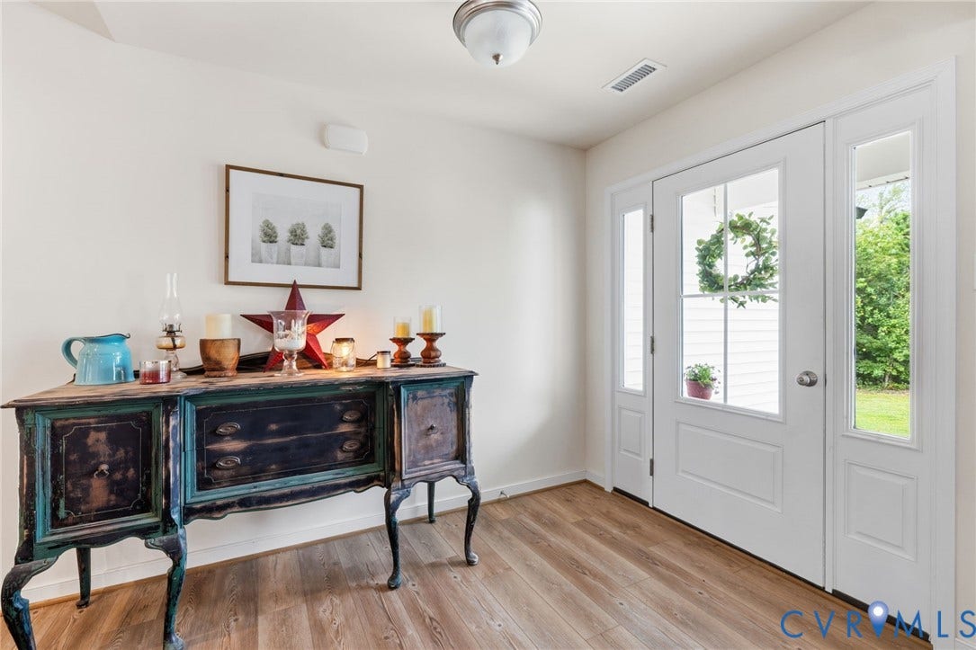 2927 Poorhouse Road, 522 Corridor, Goochland, VA 23063 Entryway featuring LVP flooring, a white paneled door with glass inserts, and two sidelight windows