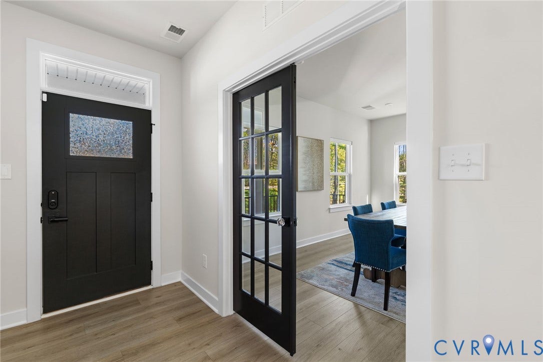 8618 McKibben Drive, The Highlands, Chesterfield, VA 23838 Black entry door with frosted glass insert and transom window