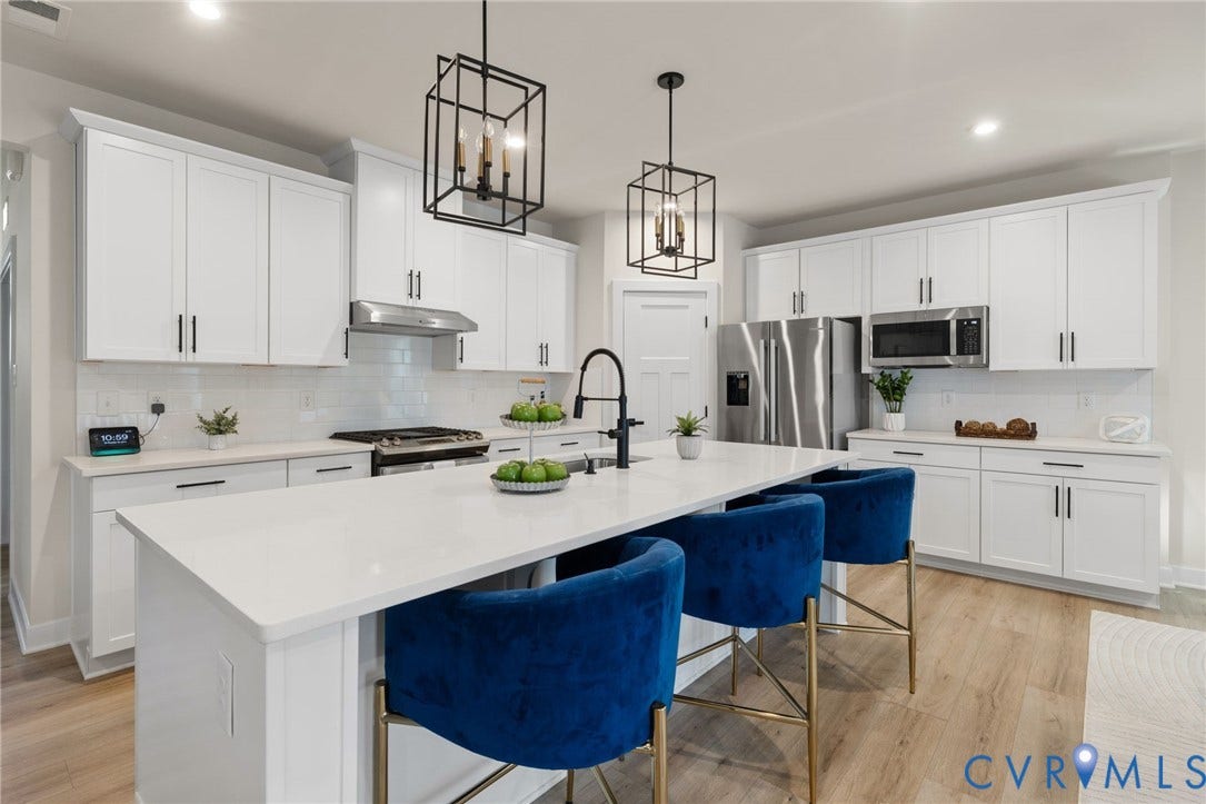 8618 McKibben Drive, The Highlands, Chesterfield, VA 23838 Spacious kitchen featuring white cabinetry, stainless steel appliances, a center island with countertop seating, wood-finish flooring, and pendant lighting